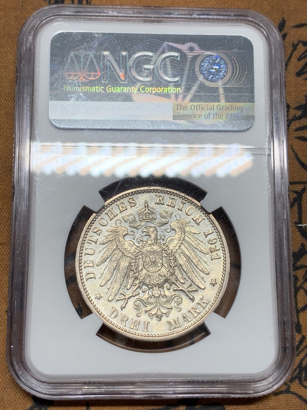 《竞宝斋》第91场-本周日，周一2场连拍（全场不限金额包邮） NGC AU58 德国符腾堡1911年威廉二世国王头像3马克银币