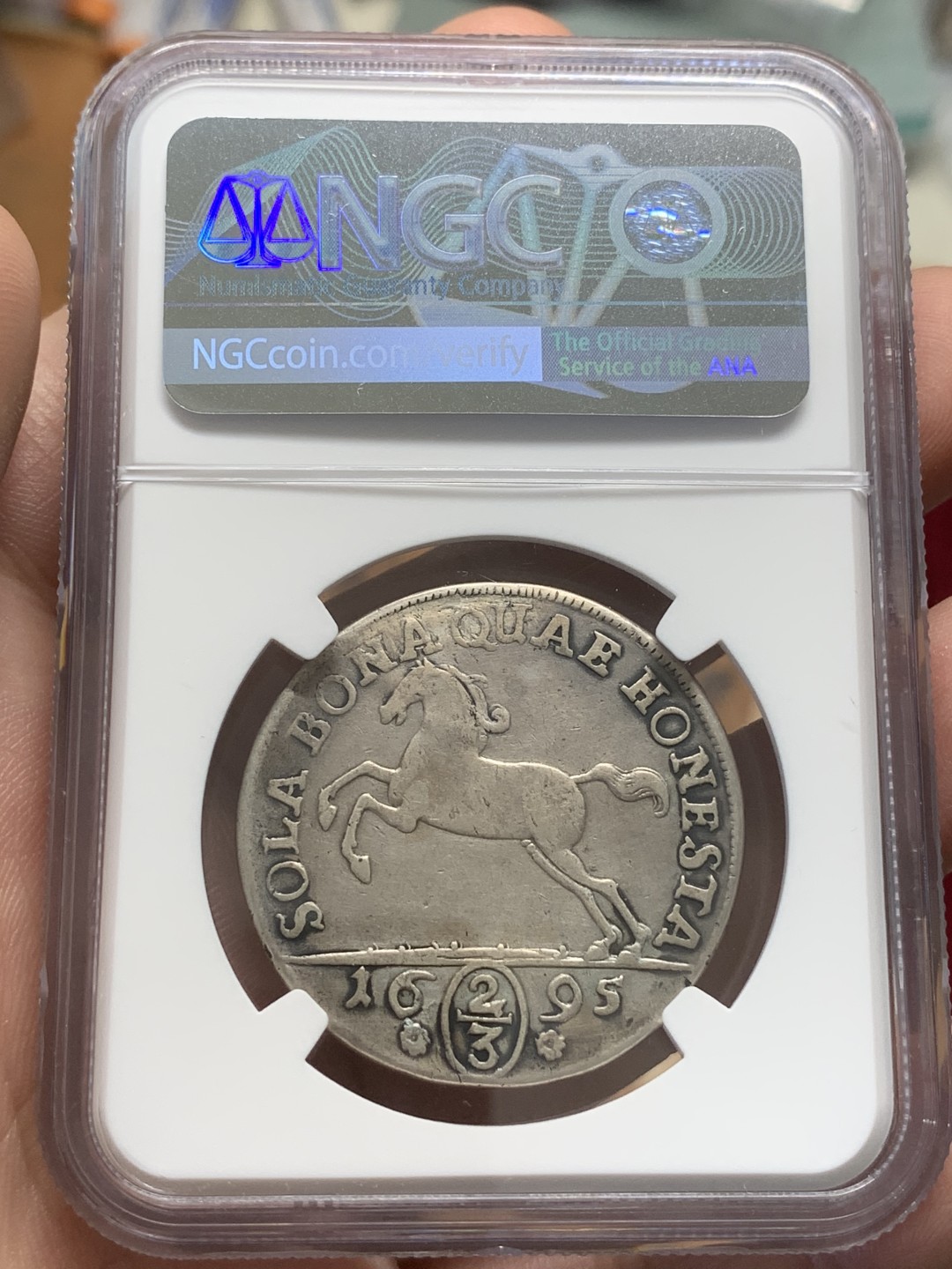 《竞宝斋》第91场-本周日，周一2场连拍（全场不限金额包邮） NGC-VF 德国不伦瑞克 1695年 2/3泰勒大银币 非常稀少的品种 