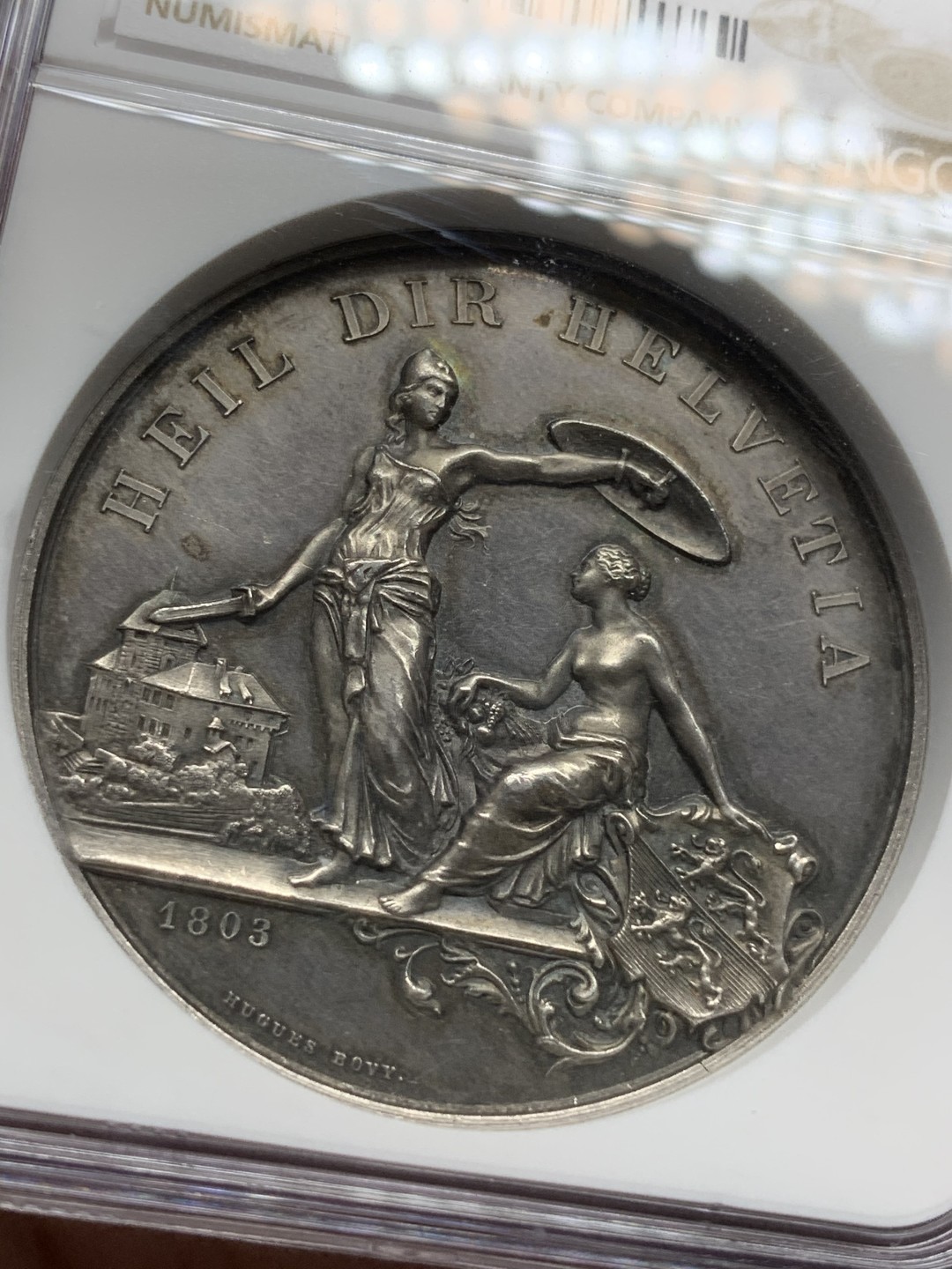 《竞宝斋》第91场-本周日，周一2场连拍（全场不限金额包邮） NGC-MS61 1890 瑞士图尔高射击节 银章 细节炸天 背面牵着狮子的链条清晰可见