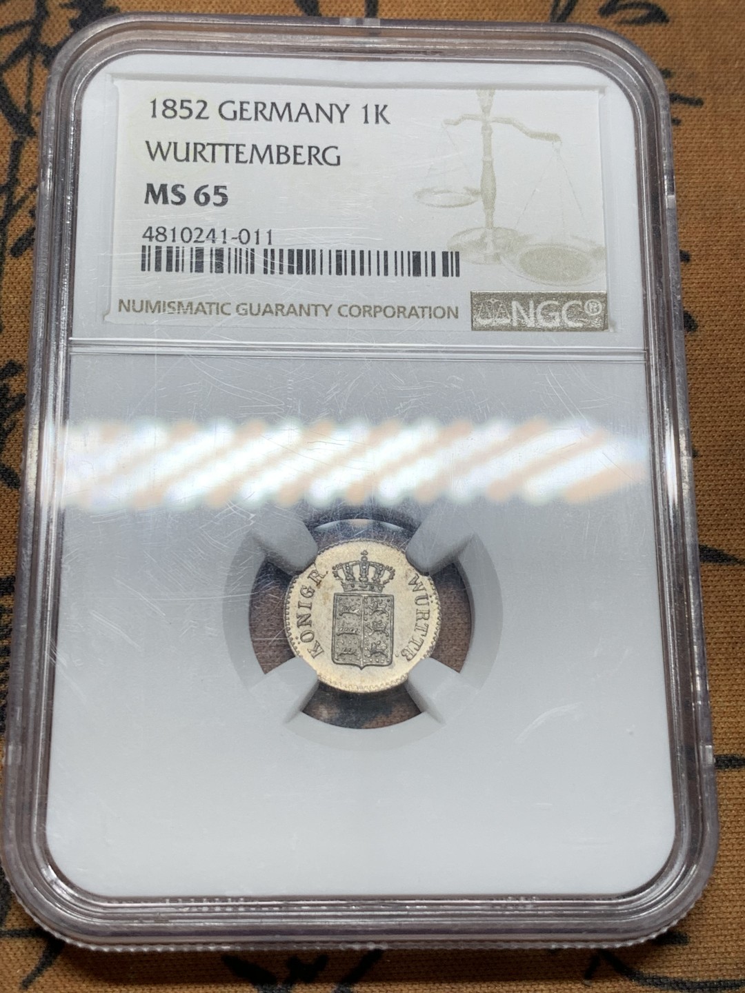 《竞宝斋》第91场-本周日，周一2场连拍（全场不限金额包邮） NGC-MS65 德国符腾堡1852年1克鲁泽 银币
