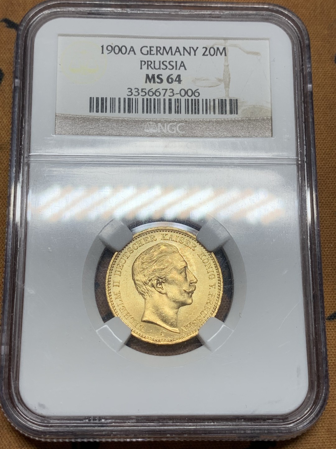 《竞宝斋》第91场-本周日，周一2场连拍（全场不限金额包邮） NGC MS64 德国 普鲁士威廉二世 1900年 20马克金币 7.96克 难得高分 值得拥有