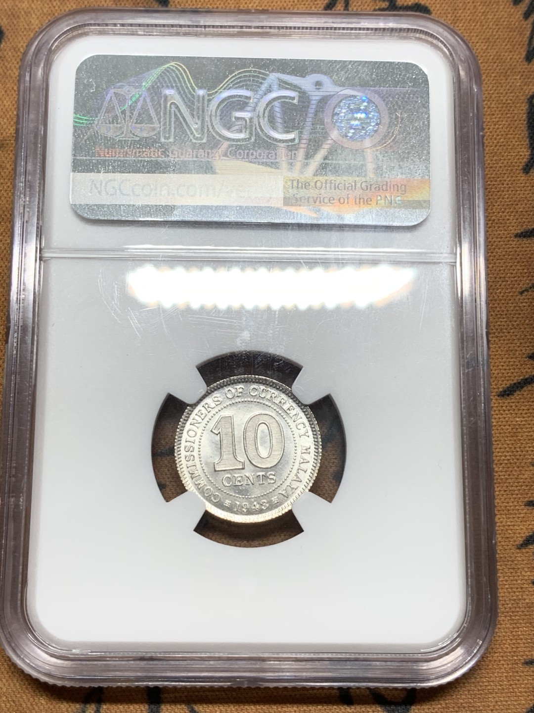 《竞宝斋》第91场-本周日，周一2场连拍（全场不限金额包邮） NGC-MS63  马来亚 1943年 乔治六世 10分 银币