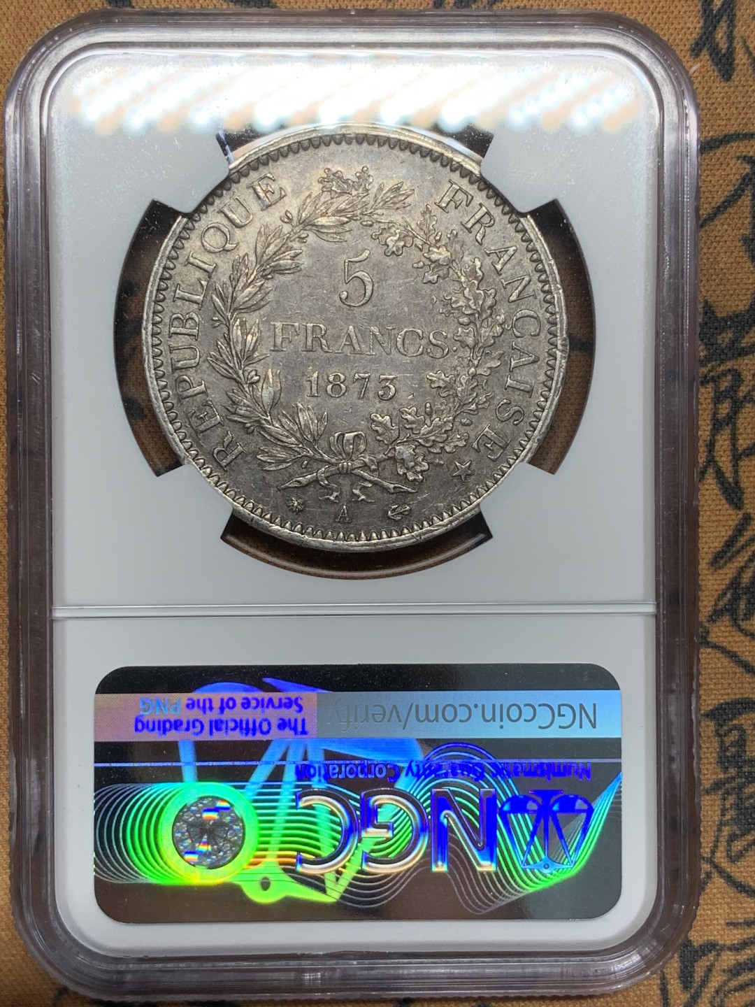 《竞宝斋》第91场-本周日，周一2场连拍（全场不限金额包邮） NGC-MS62 法国 1873年大力神 5法郎银币 老包浆好状态