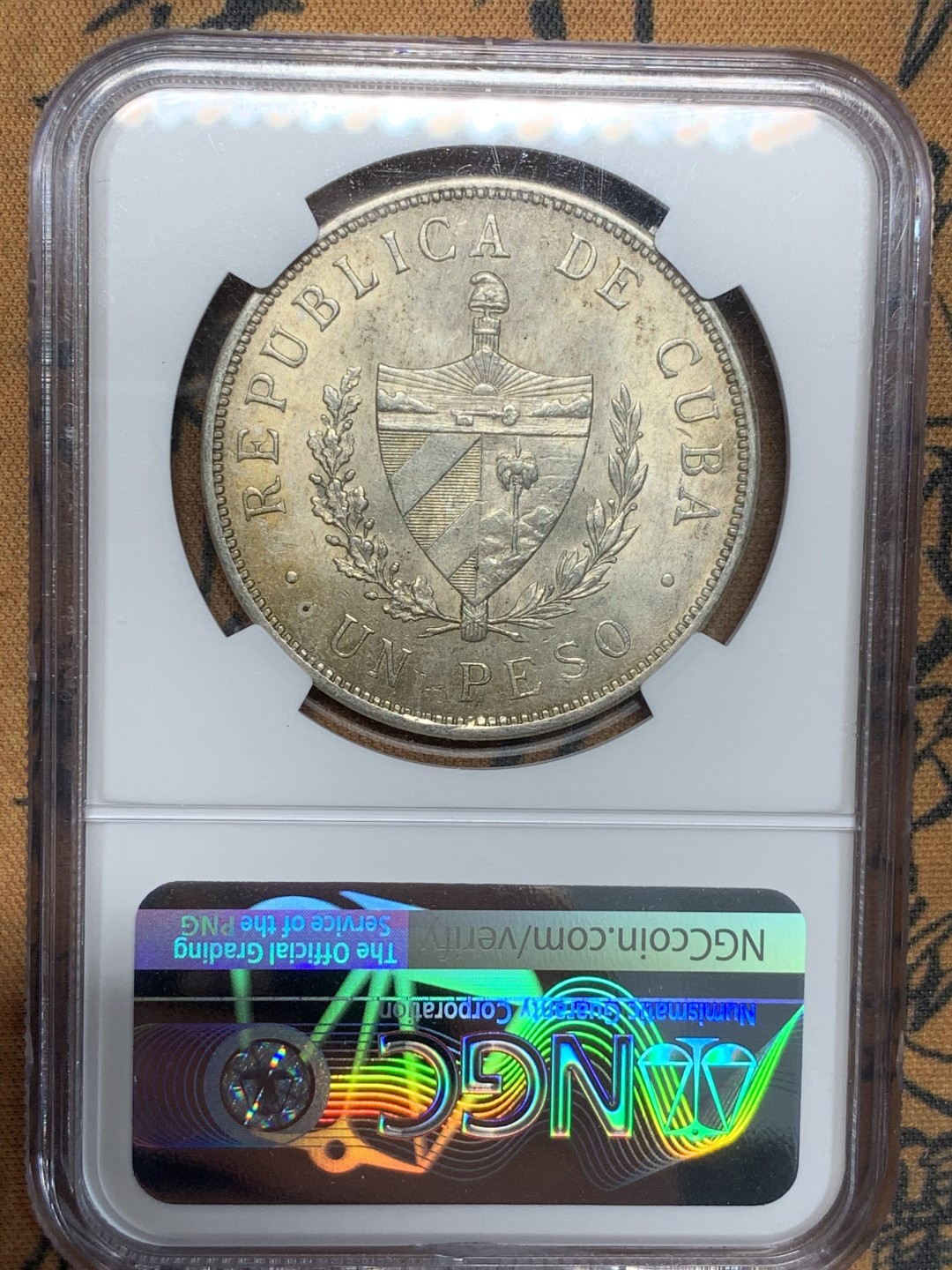 《竞宝斋》第91场-本周日，周一2场连拍（全场不限金额包邮） NGC-MS62 1932年古巴大五角星银币 原味黄油光 状态非常好