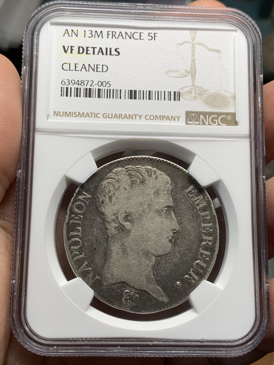 《竞宝斋》第91场-本周日，周一2场连拍（全场不限金额包邮） NGC VF 法国 拿破仑一世 共和13年M版 5法郎银币 少