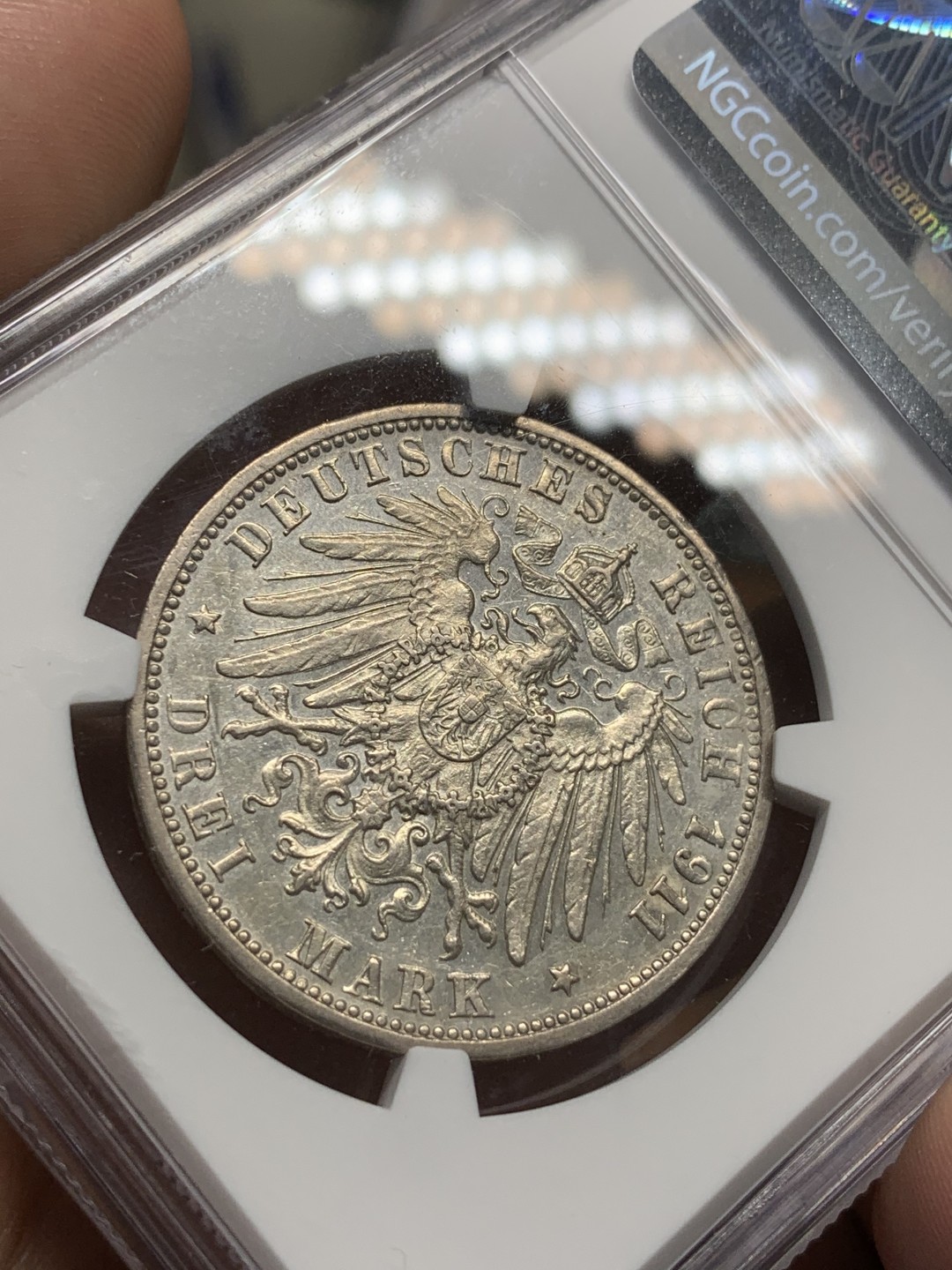 《竞宝斋》第91场-本周日，周一2场连拍（全场不限金额包邮） NGC AU58 德国符腾堡1911年威廉二世国王头像3马克银币