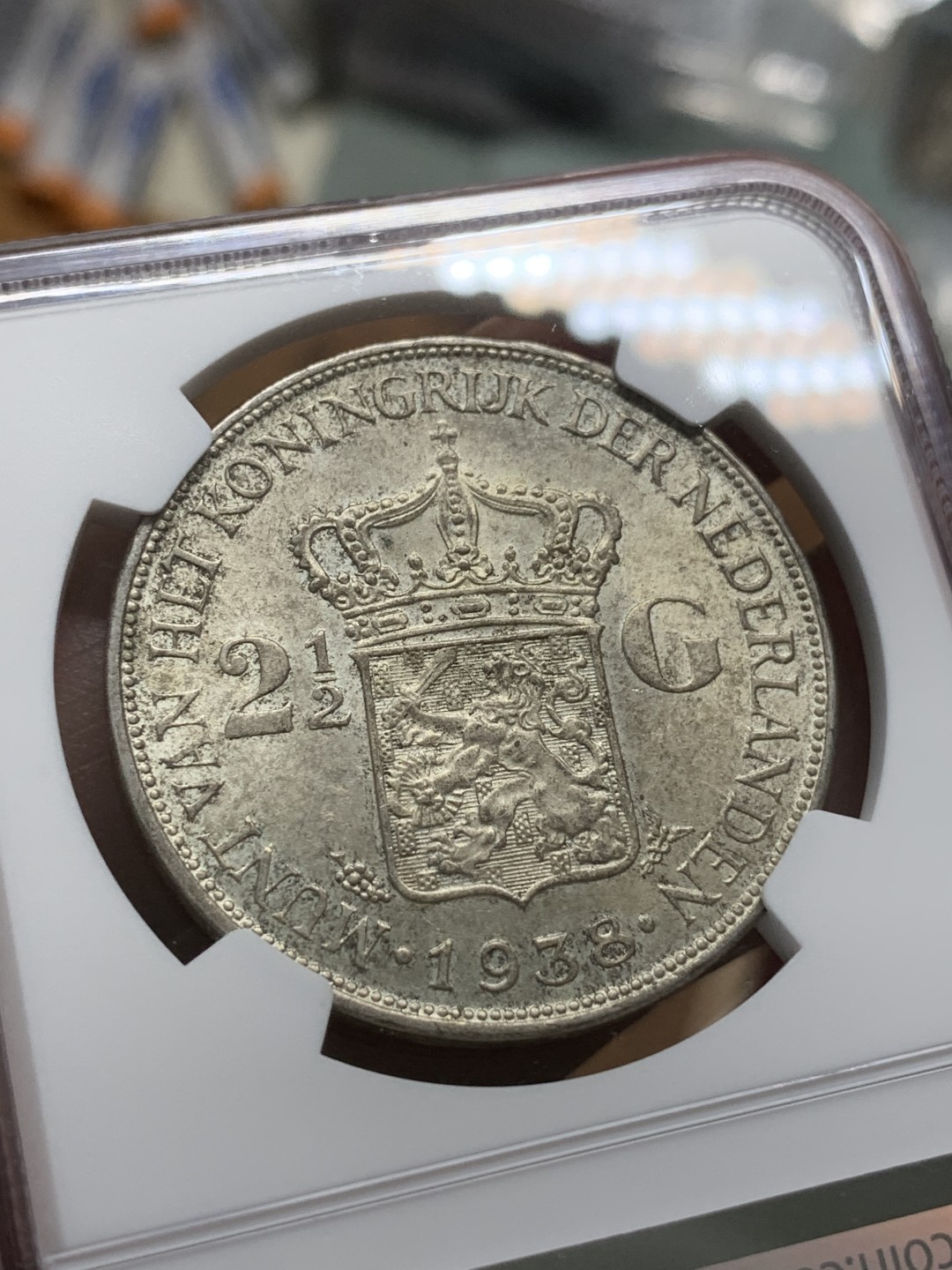 《竞宝斋》第91场-本周日，周一2场连拍（全场不限金额包邮） NGC-MS61 荷兰1938年 威廉米娜女王2.5盾大银币 原味好品