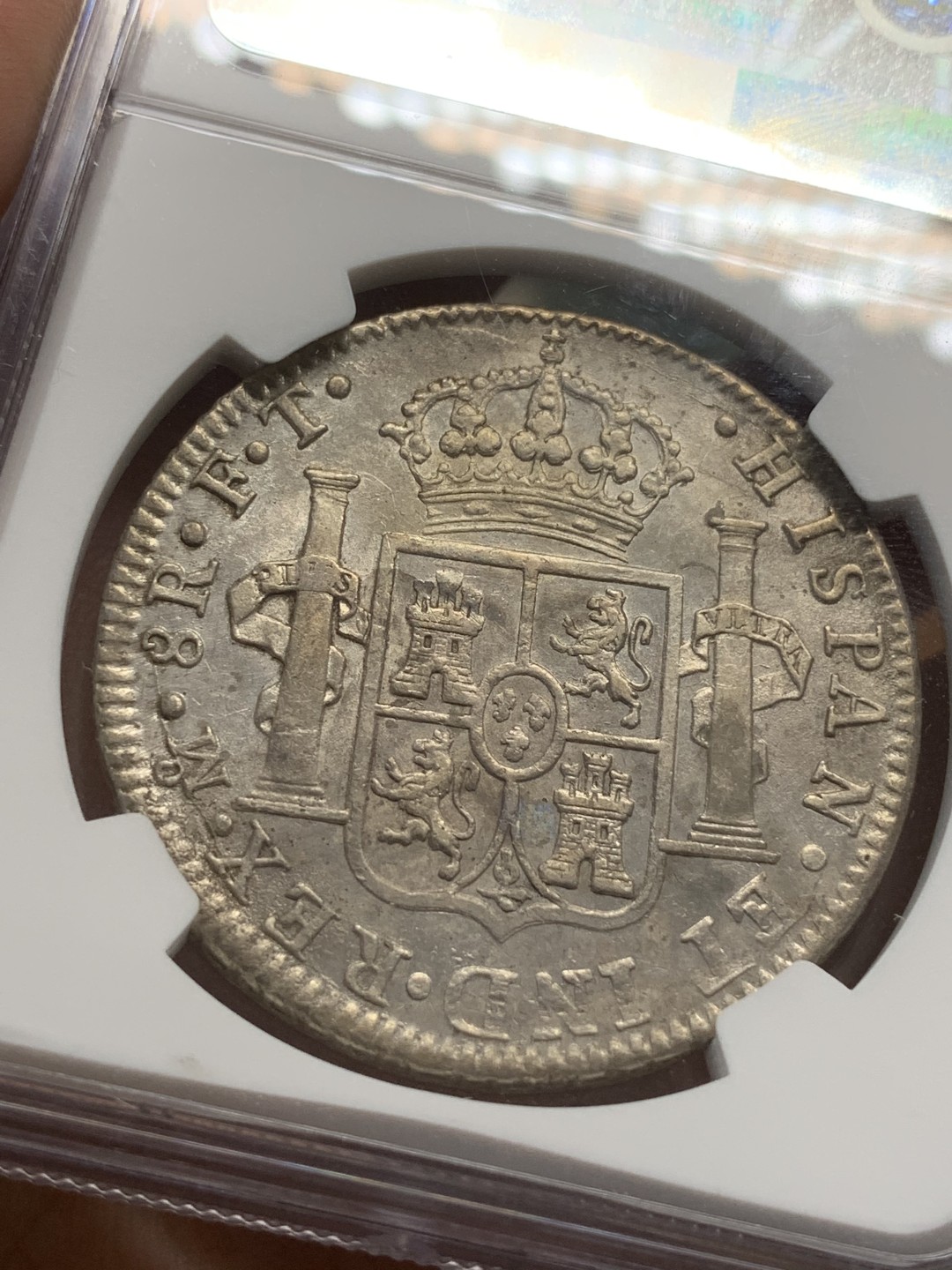 《竞宝斋》第91场-本周日，周一2场连拍（全场不限金额包邮） NGC AU 墨西哥 1803年 卡四 8R 双柱 大银币 打制的不错