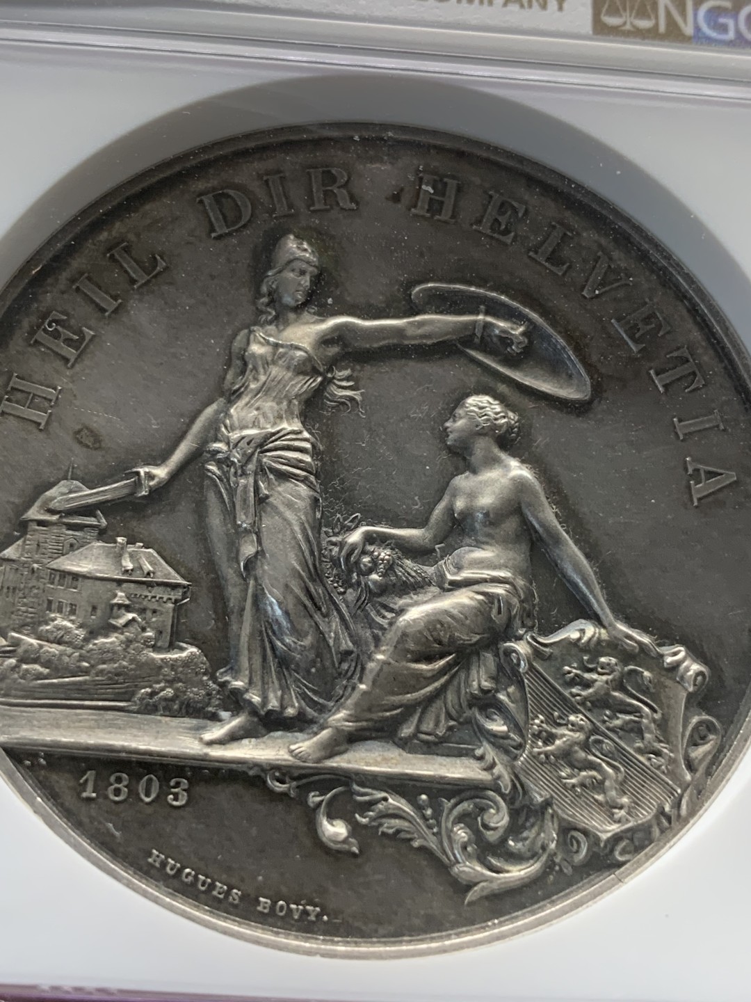 《竞宝斋》第91场-本周日，周一2场连拍（全场不限金额包邮） NGC-MS61 1890 瑞士图尔高射击节 银章 细节炸天 背面牵着狮子的链条清晰可见