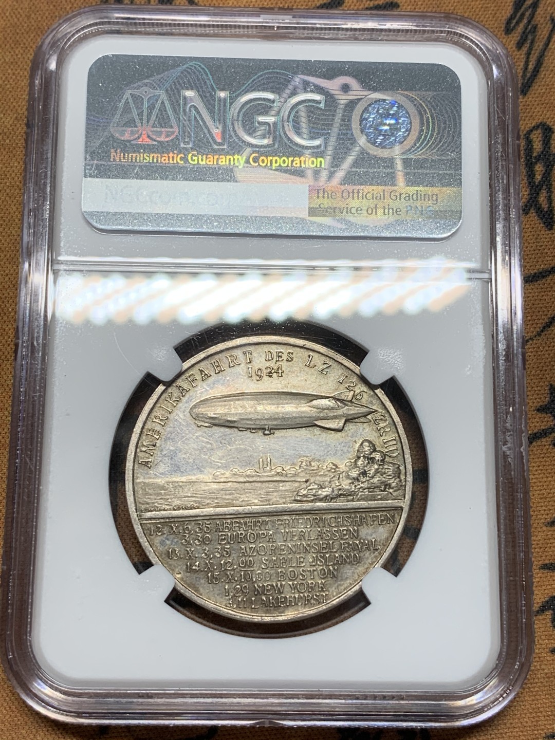 《竞宝斋》第91场-本周日，周一2场连拍（全场不限金额包邮） NGC-MS61 德国1924齐柏林飞艇纪念 银章