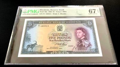 【Blue Auction】✨世界纸币精拍第219期【精】——斯贝特拉大拱门 - 罗德西亚 1964年5镑 戎装女王 PMG67EPQ 高分 BWC出品 双面雕刻 精美 大津巴布韦遗址