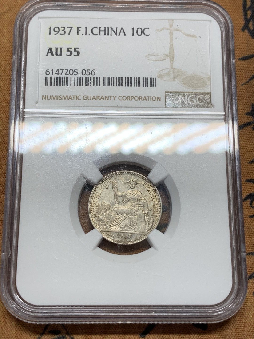 《竞宝斋》第91场-本周日，周一2场连拍（全场不限金额包邮） NGC AU55 法属印度支那1937年坐洋10分银币