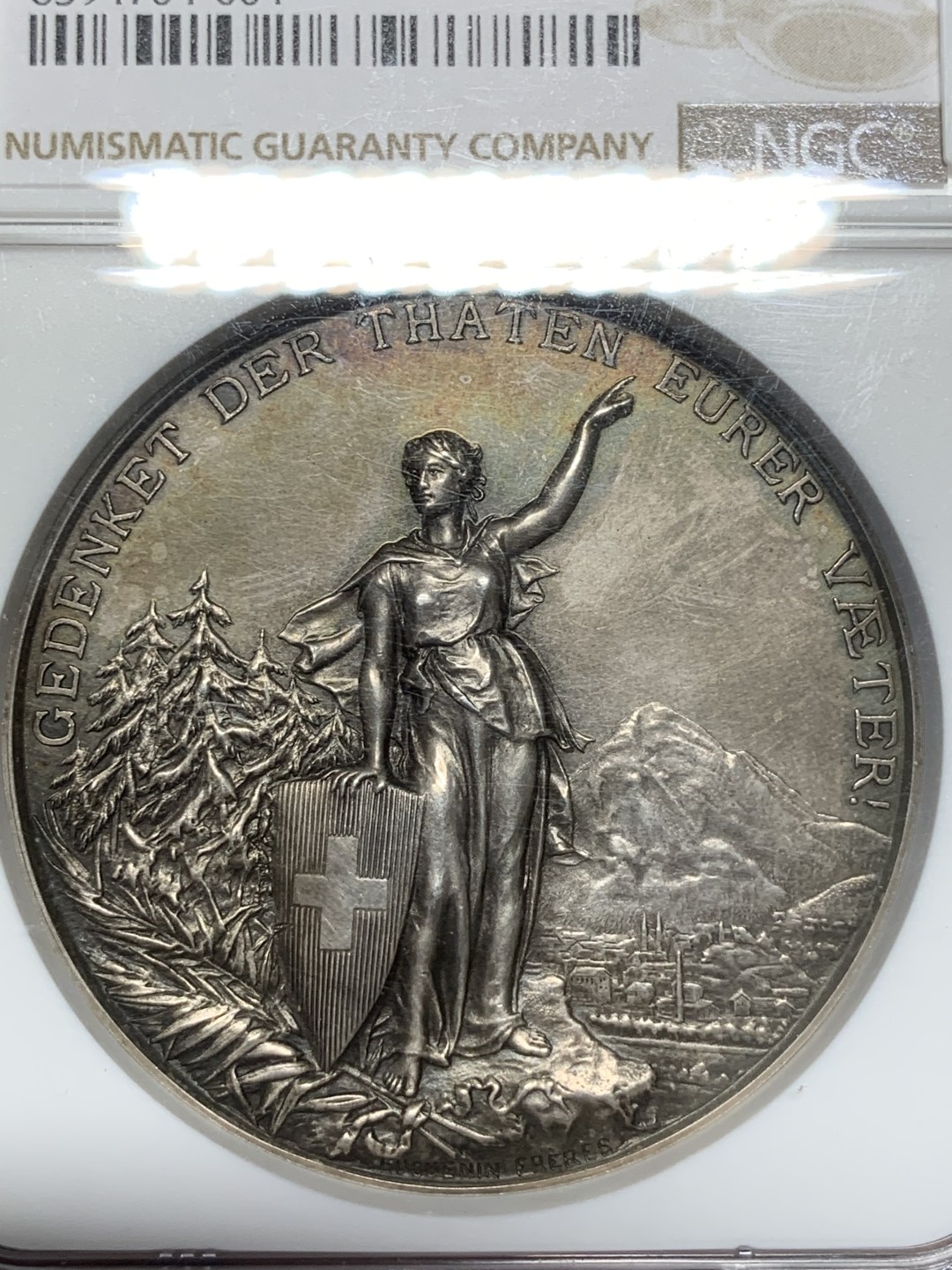 《竞宝斋》第91场-本周日，周一2场连拍（全场不限金额包邮） NGC-MS62 1892 瑞士格拉鲁斯射击节 银章 状态好 才是真的好