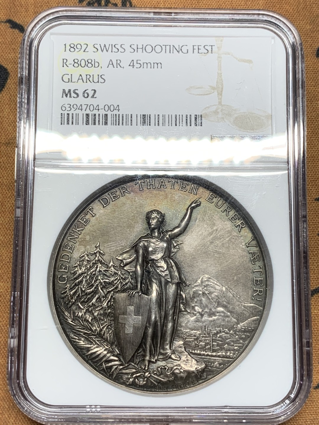 《竞宝斋》第91场-本周日，周一2场连拍（全场不限金额包邮） NGC-MS62 1892 瑞士格拉鲁斯射击节 银章 状态好 才是真的好