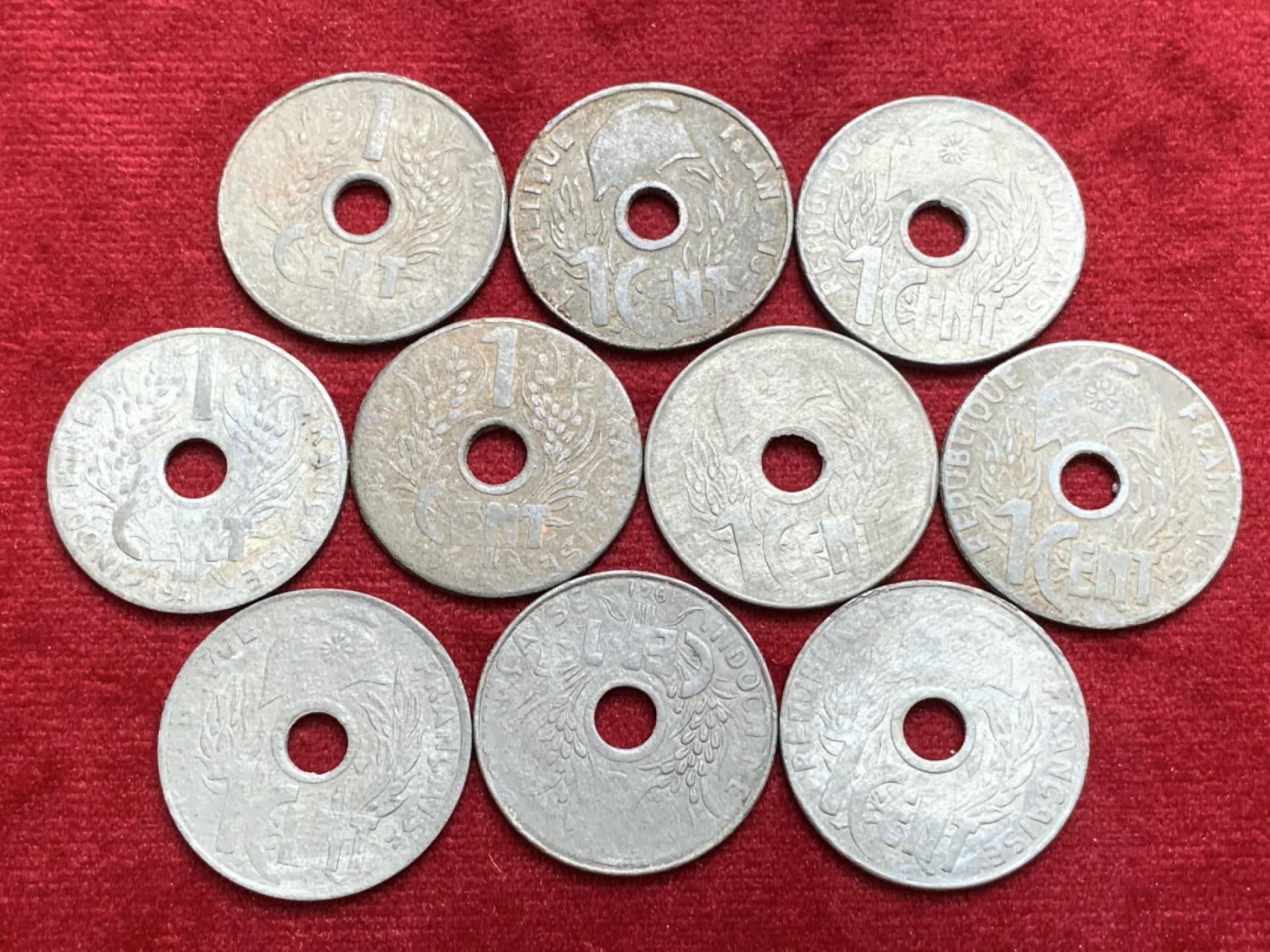 《竞宝斋》第91场-本周日，周一2场连拍（全场不限金额包邮） 1941年法属印支1分锌币流通品 10枚