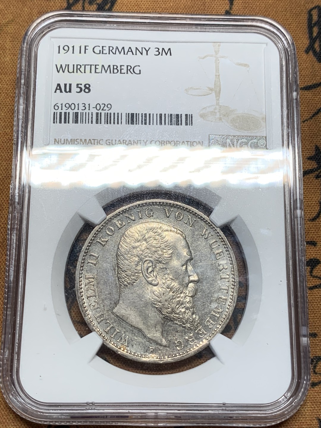 《竞宝斋》第91场-本周日，周一2场连拍（全场不限金额包邮） NGC AU58 德国符腾堡1911年威廉二世国王头像3马克银币