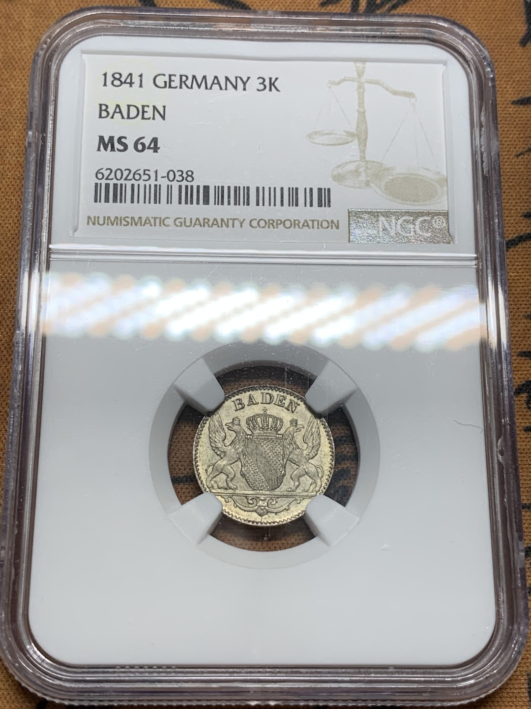 《竞宝斋》第91场-本周日，周一2场连拍（全场不限金额包邮） NGC-MS64 德国巴登1841年3克鲁泽 银币
