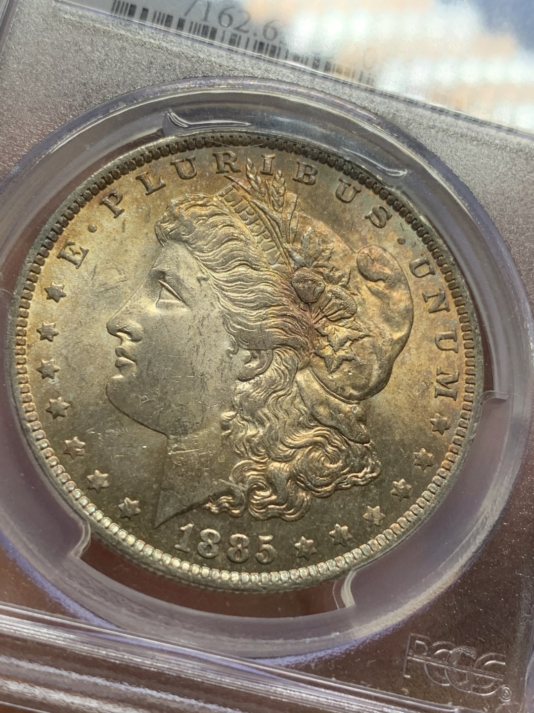 《竞宝斋》第91场-本周日，周一2场连拍（全场不限金额包邮） PCGS-MS63 美国 1885 O版 摩根银币 原味五彩好品