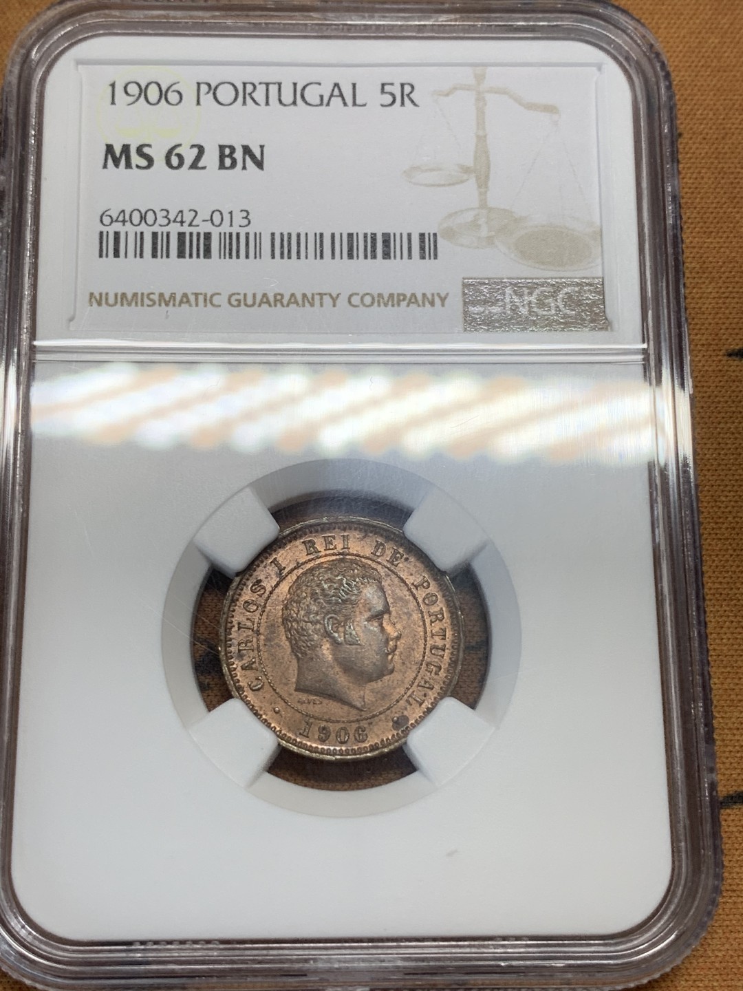 《竞宝斋》第91场-本周日，周一2场连拍（全场不限金额包邮） NGC MS63BN 葡萄牙1906年5瑞斯铜币