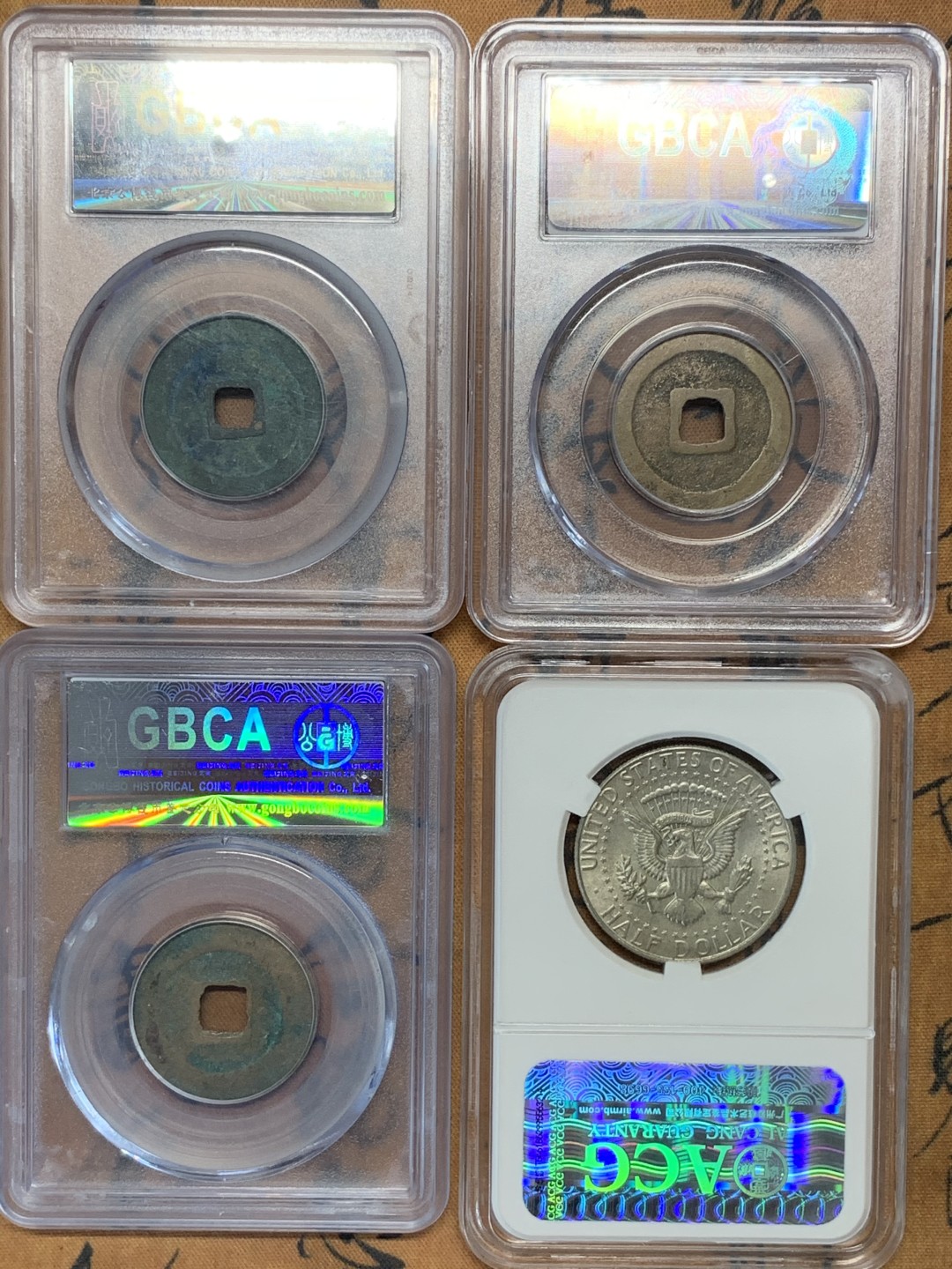 《竞宝斋》第91场-本周日，周一2场连拍（全场不限金额包邮） 4枚一组，公博评级三枚：祥符元宝、天圣元宝、景祐元宝、爱藏评级肯尼迪1967年25美分银币，买币送盒子。