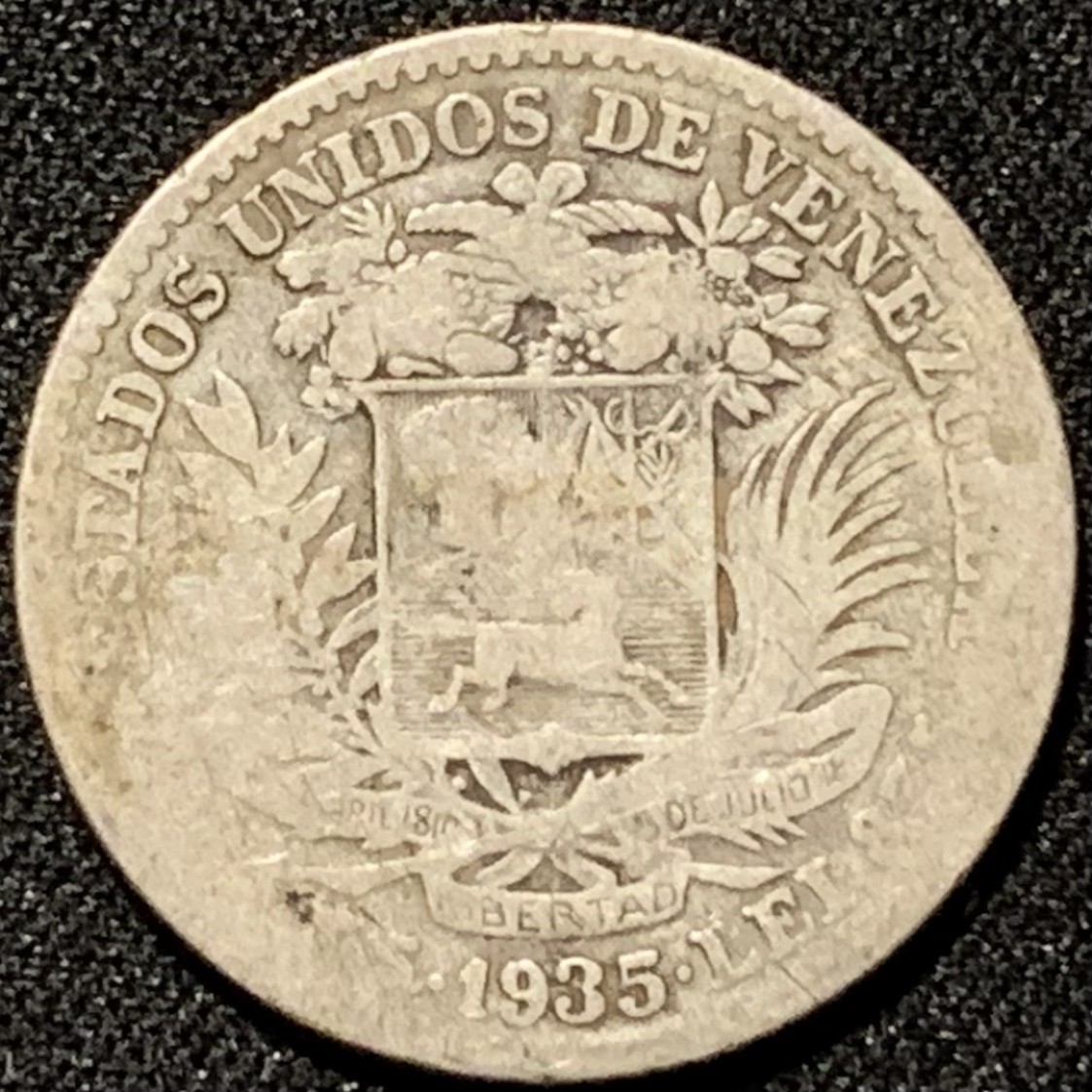 紫瑗钱币——第260期拍卖 委内瑞拉 1935年 1玻利瓦尔 5克 0.835银