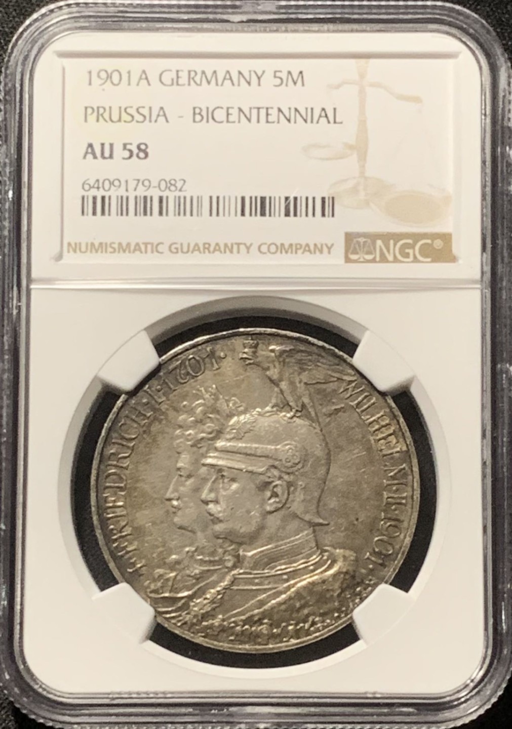 紫瑗钱币——第244期拍卖 德国 普鲁士 1901年 建国200周年 5马克 银币 NGC AU58