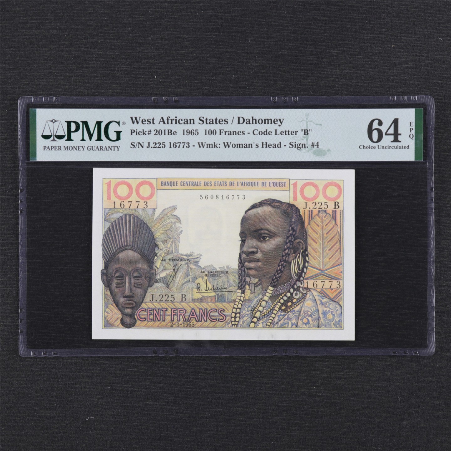 【亘邦集藏】 第130期拍卖 延迟发货 1965年 西非达荷美/贝宁100Francs PMG 64EPQ J225 16773