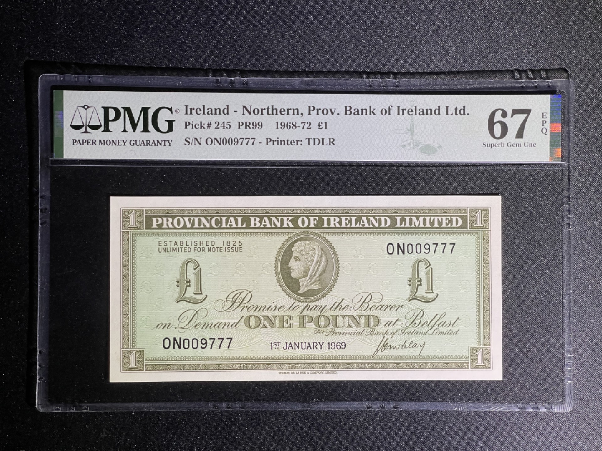 《张总收藏》71期——外币荟萃 北爱尔兰1镑 PMG67E 1969年 P-245 少见品种 冠军分 豹子号