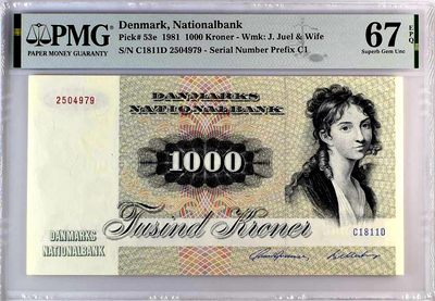 【Blue Auction】✨世界纸币精拍第219期【精】——斯贝特拉大拱门 - 丹麦 1981年1000克朗 p53e 最高值 大松鼠经典 PMG67EPQ 