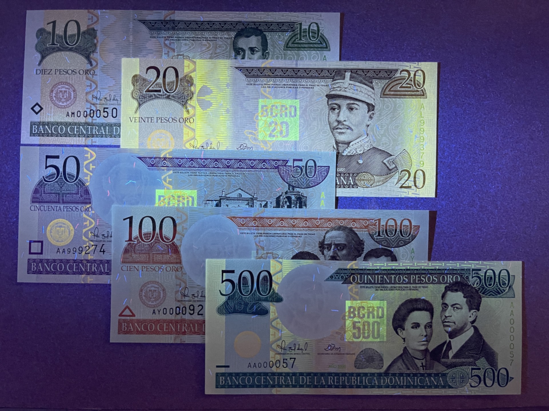 《张总收藏》71期——外币荟萃 多米尼亚10-500比索5张 UNC 2000年版