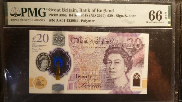 9.1-9.3限时团购 港澳台及外钞评级币专场  2020年英国G序列20镑 首发AA01冠 PMG66E