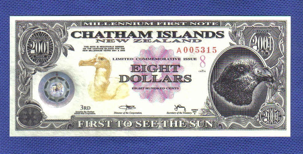 查塔姆群岛2001年8元 属新西兰 塑料钞 A冠 大洋洲 实物图 UNC     