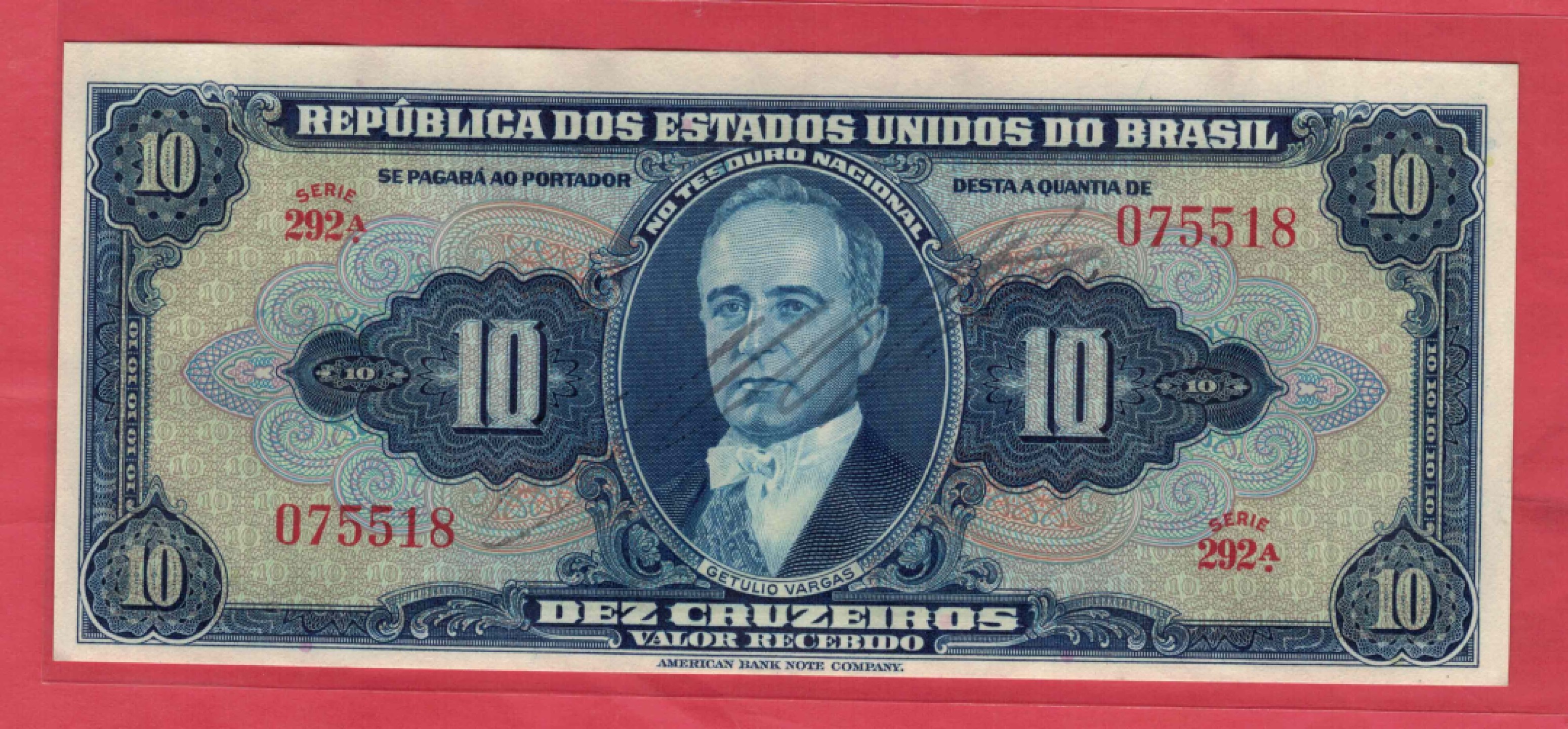 巴西1943年10克鲁塞罗 美洲纸币 实物图 UNC    