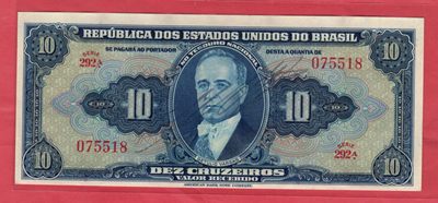 巴西1943年10克鲁塞罗 美洲纸币 实物图 UNC     - 巴西1943年10克鲁塞罗 美洲纸币 实物图 UNC    