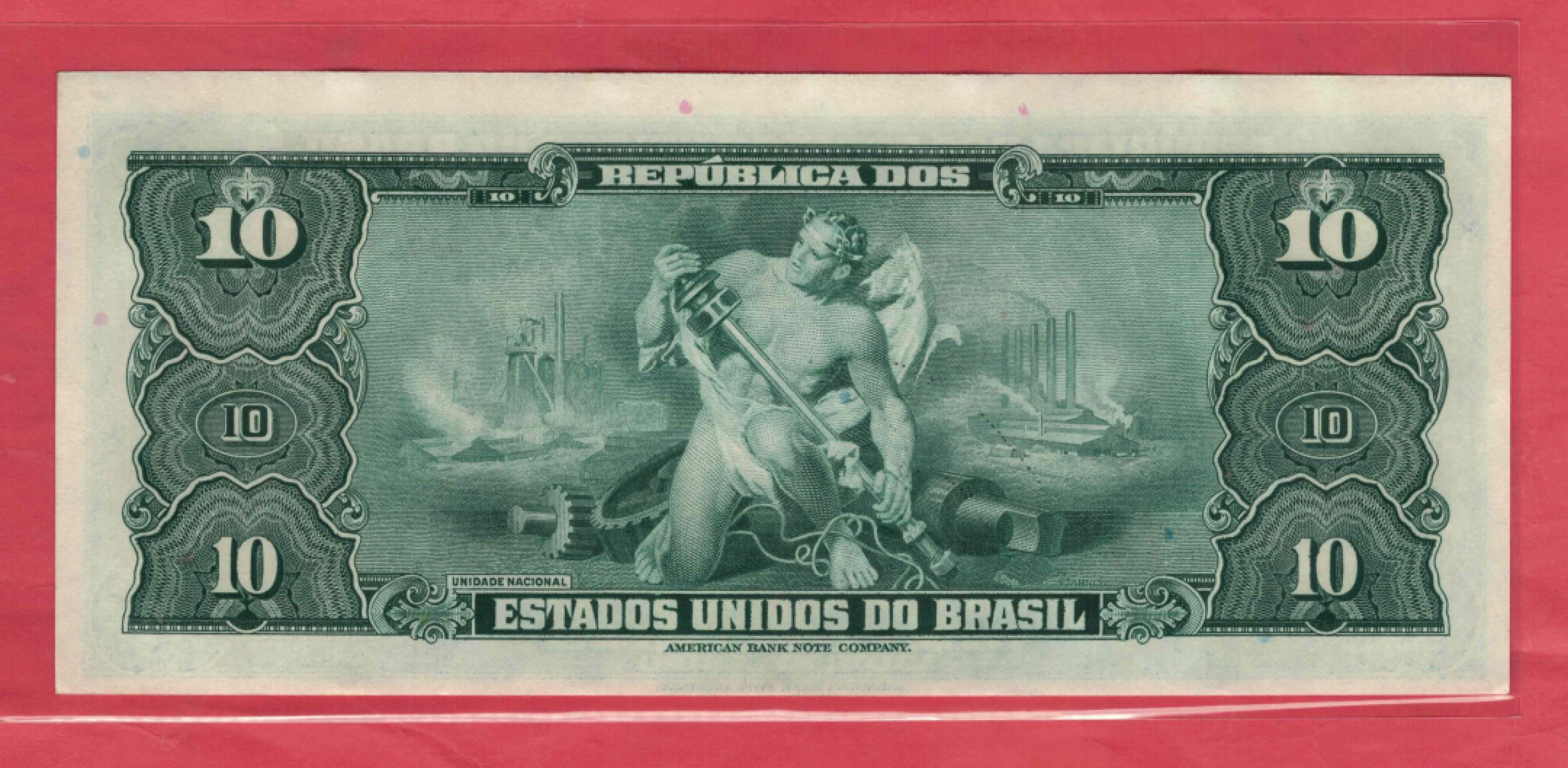 巴西1943年10克鲁塞罗 美洲纸币 实物图 UNC    