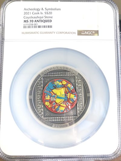 【海寧潮】拍卖第三十九期 - 【海寧潮客户代拍】库克2021年考古系列阿兹台克仿古3盎司彩色版银币NGC-MS70原盒证书