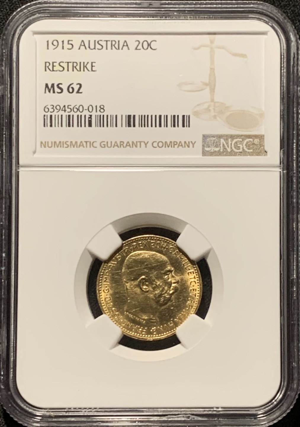 紫瑗钱币——第264期拍卖 奥地利 1915年 弗朗茨·约瑟夫二世 20克朗 金币 NGC MS62