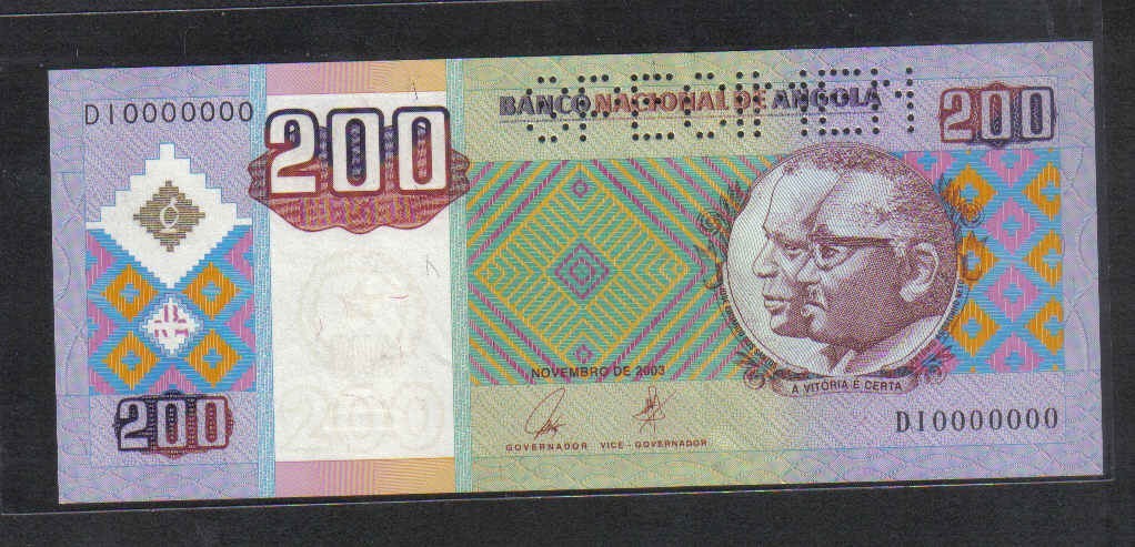 安哥拉2003年200宽扎 票样 样钞 样票 全0号 非洲纸币 实物图 UNC  