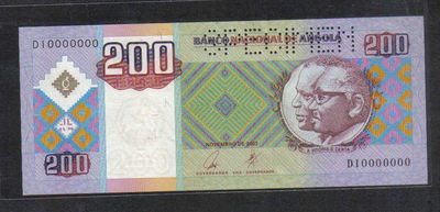 安哥拉2003年200宽扎 票样 样钞 样票 全0号 非洲纸币 实物图 UNC   - 安哥拉2003年200宽扎 票样 样钞 样票 全0号 非洲纸币 实物图 UNC  