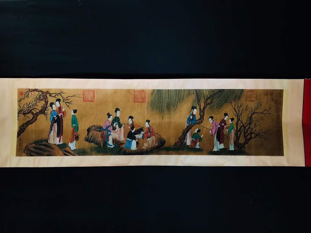 唐寅人物长卷，绢本横幅包手绘，画工精湛，磨损自然，包浆厚重，保存完整，收藏佳品Q02