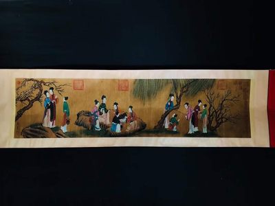 唐寅人物长卷，绢本横幅包手绘，画工精湛，磨损自然，包浆厚重，保存完整，收藏佳品Q02 唐寅人物长卷，绢本横幅包手绘，画工精湛，磨损自然，包浆厚重，保存完整，收藏佳品Q02
