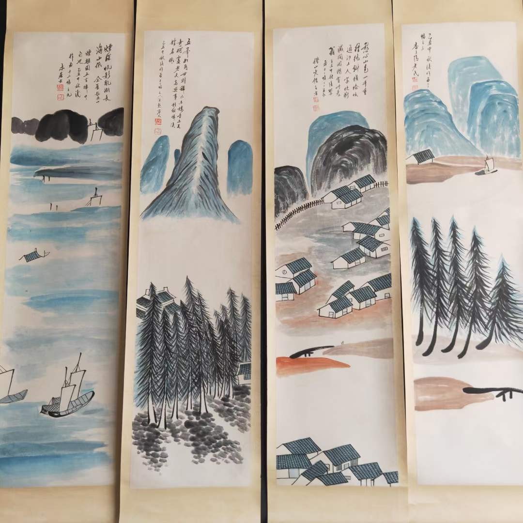 齐白石山水12条筏⼀紀一套，纸本立轴包手绘，画工精湛，实物拍摄，品相如图J