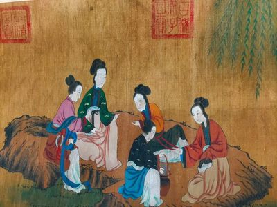 唐寅人物长卷，绢本横幅包手绘，画工精湛，磨损自然，包浆厚重，保存完整，收藏佳品Q02 唐寅人物长卷，绢本横幅包手绘，画工精湛，磨损自然，包浆厚重，保存完整，收藏佳品Q02