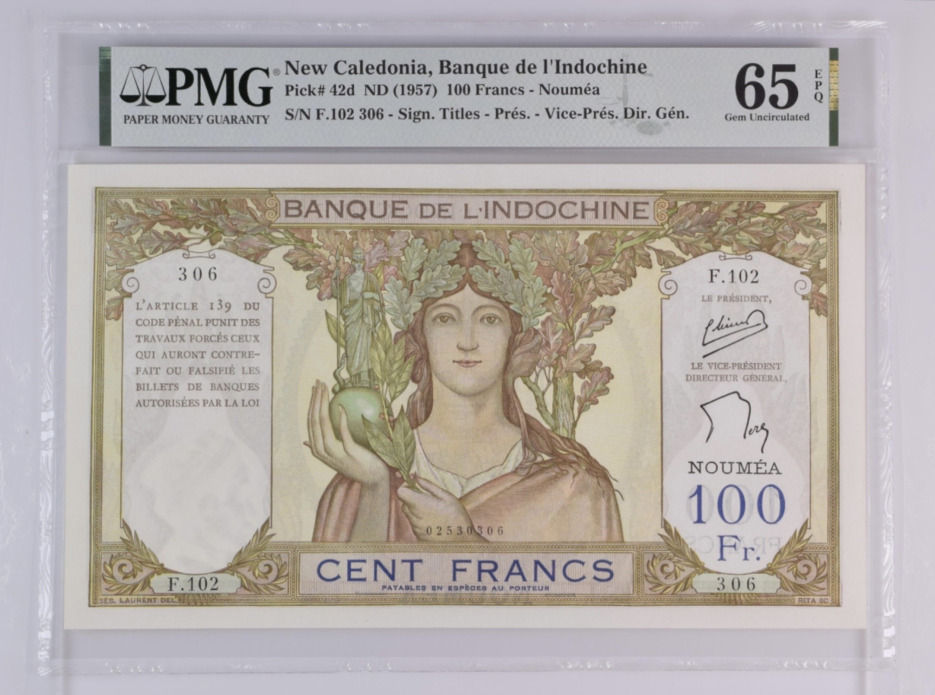 收藏联盟Quantum Auction 第189期中秋拍卖(已更新) 新喀里多尼亚1957年100法郎 PMG65 十分稀少 唯一亚军分仅有一枚更高分 四面佛