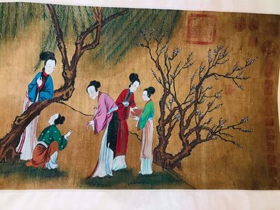 唐寅人物长卷，绢本横幅包手绘，画工精湛，磨损自然，包浆厚重，保存完整，收藏佳品Q02 唐寅人物长卷，绢本横幅包手绘，画工精湛，磨损自然，包浆厚重，保存完整，收藏佳品Q02