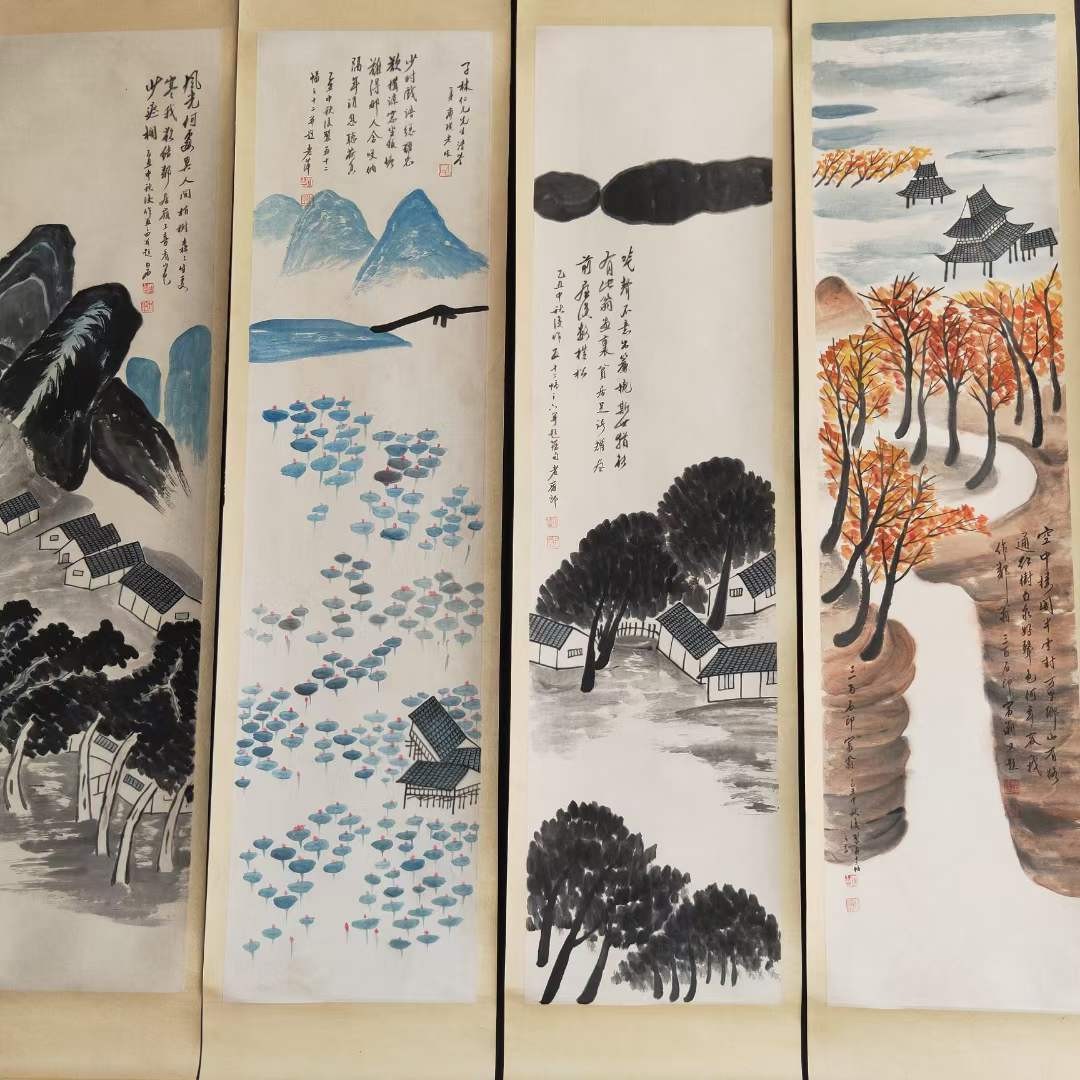 齐白石山水12条筏⼀紀一套，纸本立轴包手绘，画工精湛，实物拍摄，品相如图J