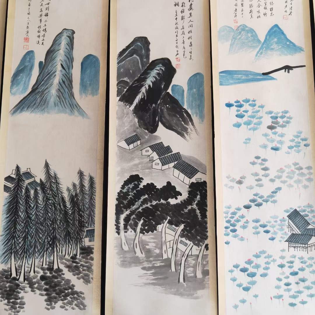 齐白石山水12条筏⼀紀一套，纸本立轴包手绘，画工精湛，实物拍摄，品相如图J