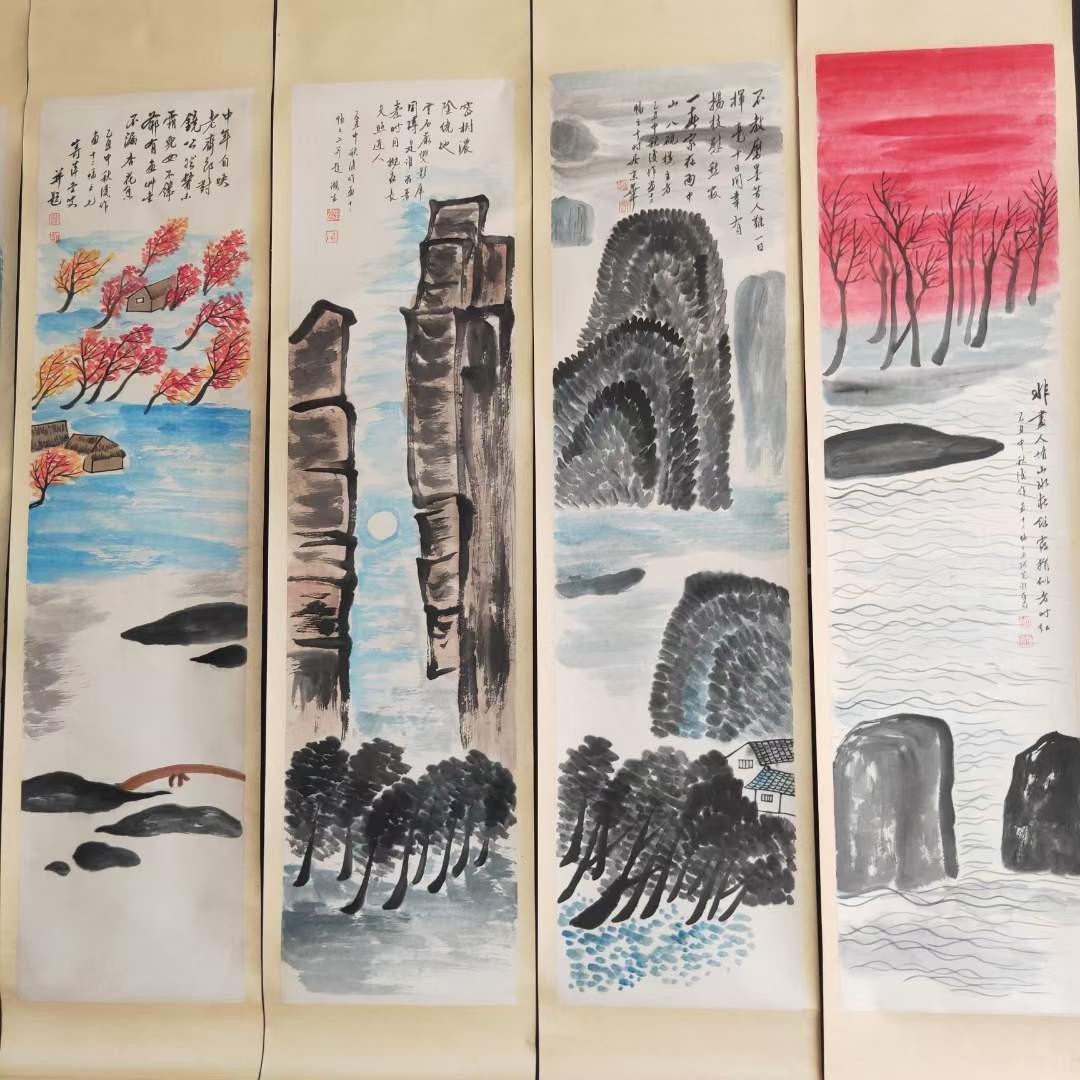 齐白石山水12条筏⼀紀一套，纸本立轴包手绘，画工精湛，实物拍摄，品相如图J
