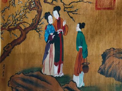 唐寅人物长卷，绢本横幅包手绘，画工精湛，磨损自然，包浆厚重，保存完整，收藏佳品Q02 唐寅人物长卷，绢本横幅包手绘，画工精湛，磨损自然，包浆厚重，保存完整，收藏佳品Q02