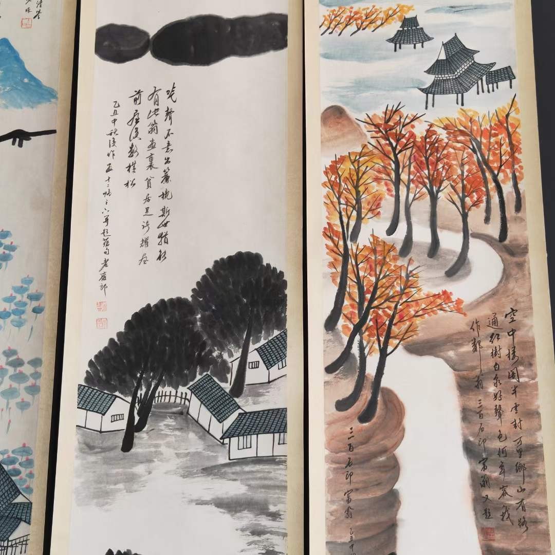 齐白石山水12条筏⼀紀一套，纸本立轴包手绘，画工精湛，实物拍摄，品相如图J